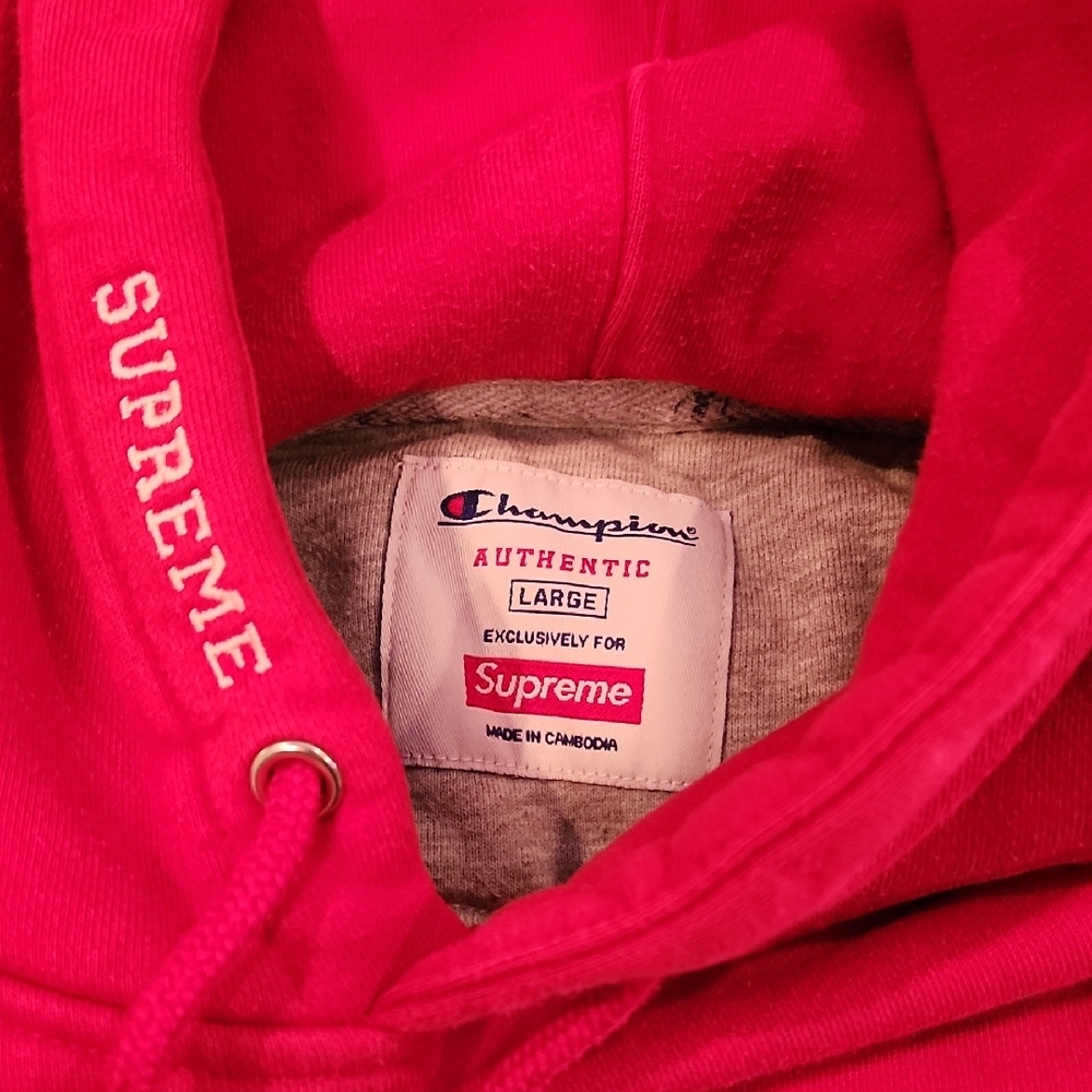 Champion/Supreme Vibrant Red Hoodie with Multicolor Logo - Picture 2 of 5
